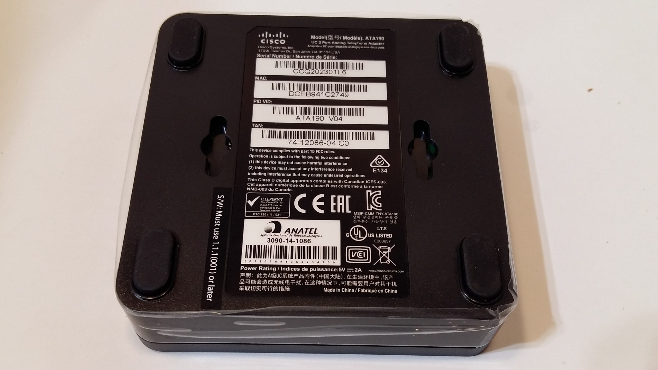 Adaptateur téléphonique analogique Cisco ATA190 UC 2 ports – NEUF (EMBALLAGE OUVERT)