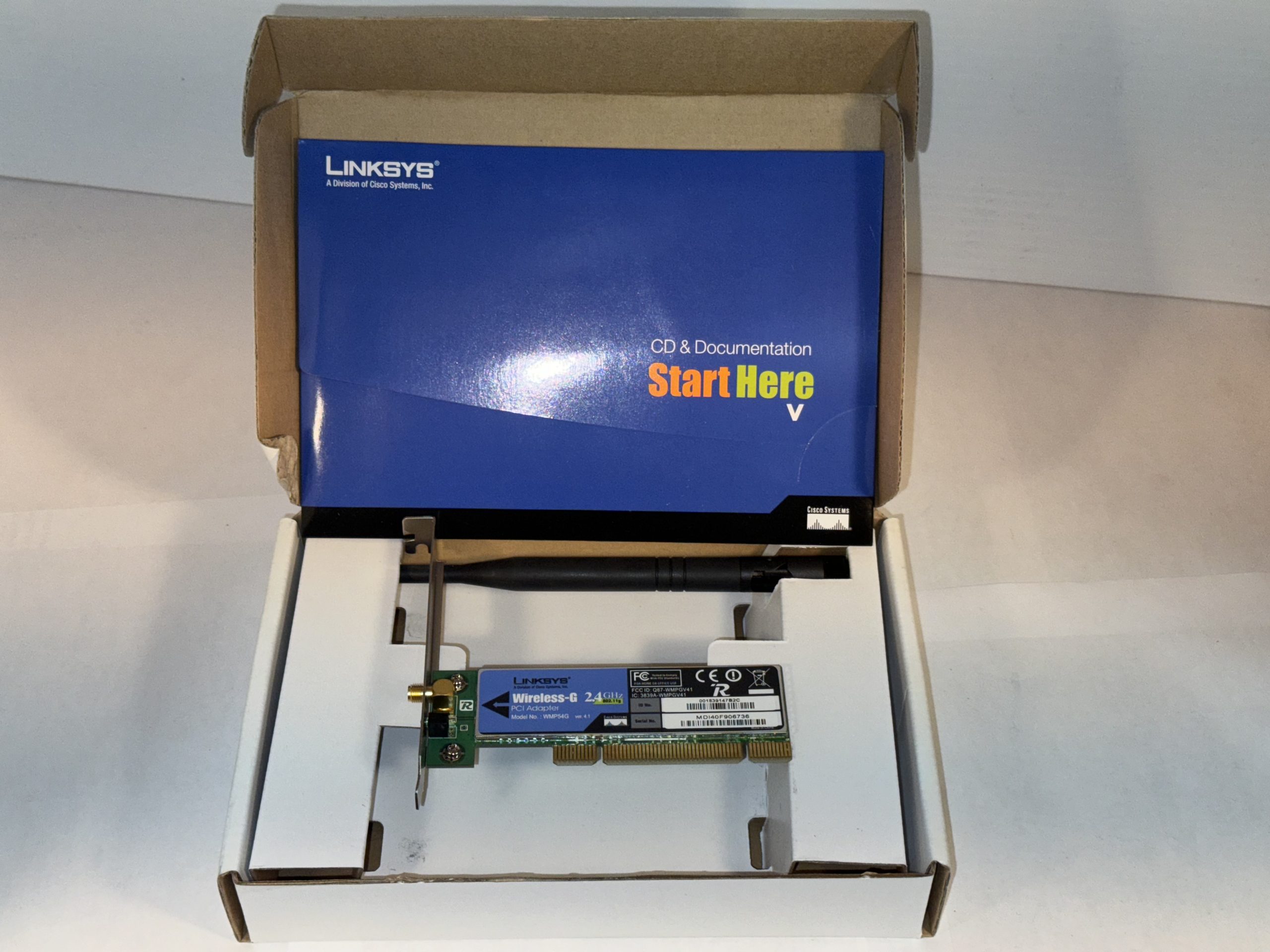 Adaptateur réseau PCI Linksys Wireless-G WMP54G 2,4 GHz 802.11g sans antenne – Neuf
