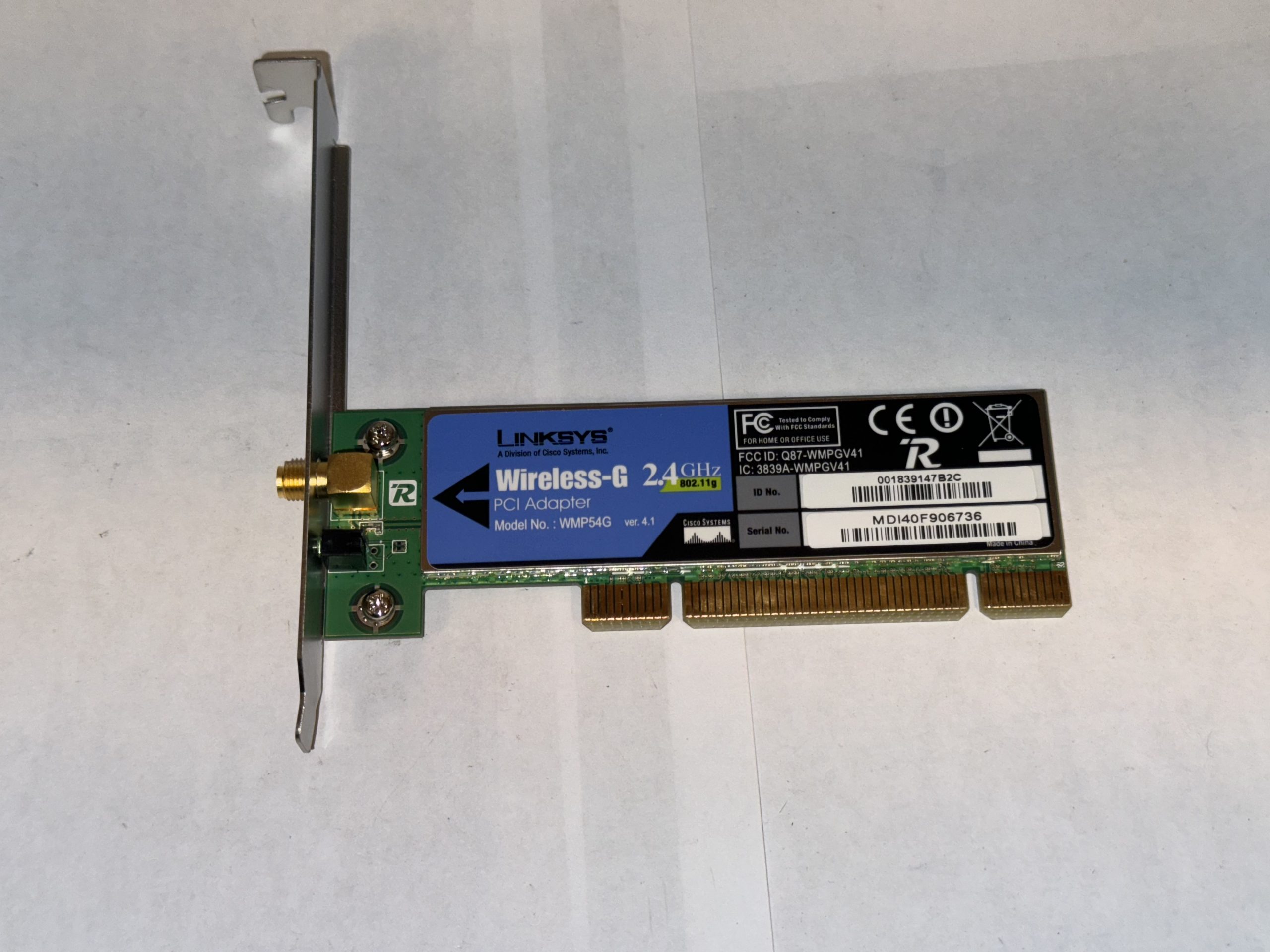 Adaptateur réseau PCI Linksys Wireless-G WMP54G 2,4 GHz 802.11g sans antenne – Neuf
