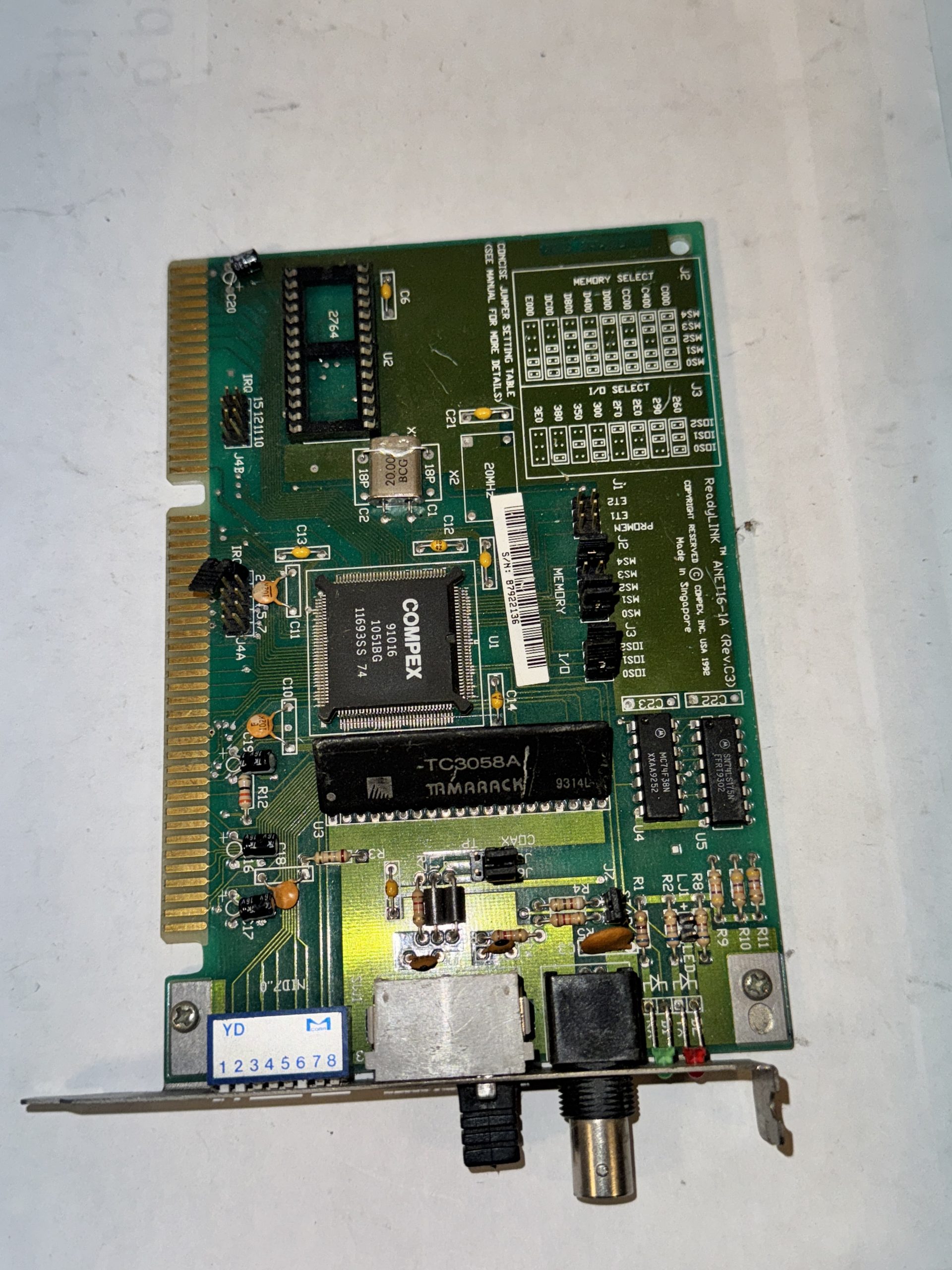 Carte ARCNET ReadyLINK ANET-1A Compex 91016 A/Net-1 8 bits ISA PC/XT/AT