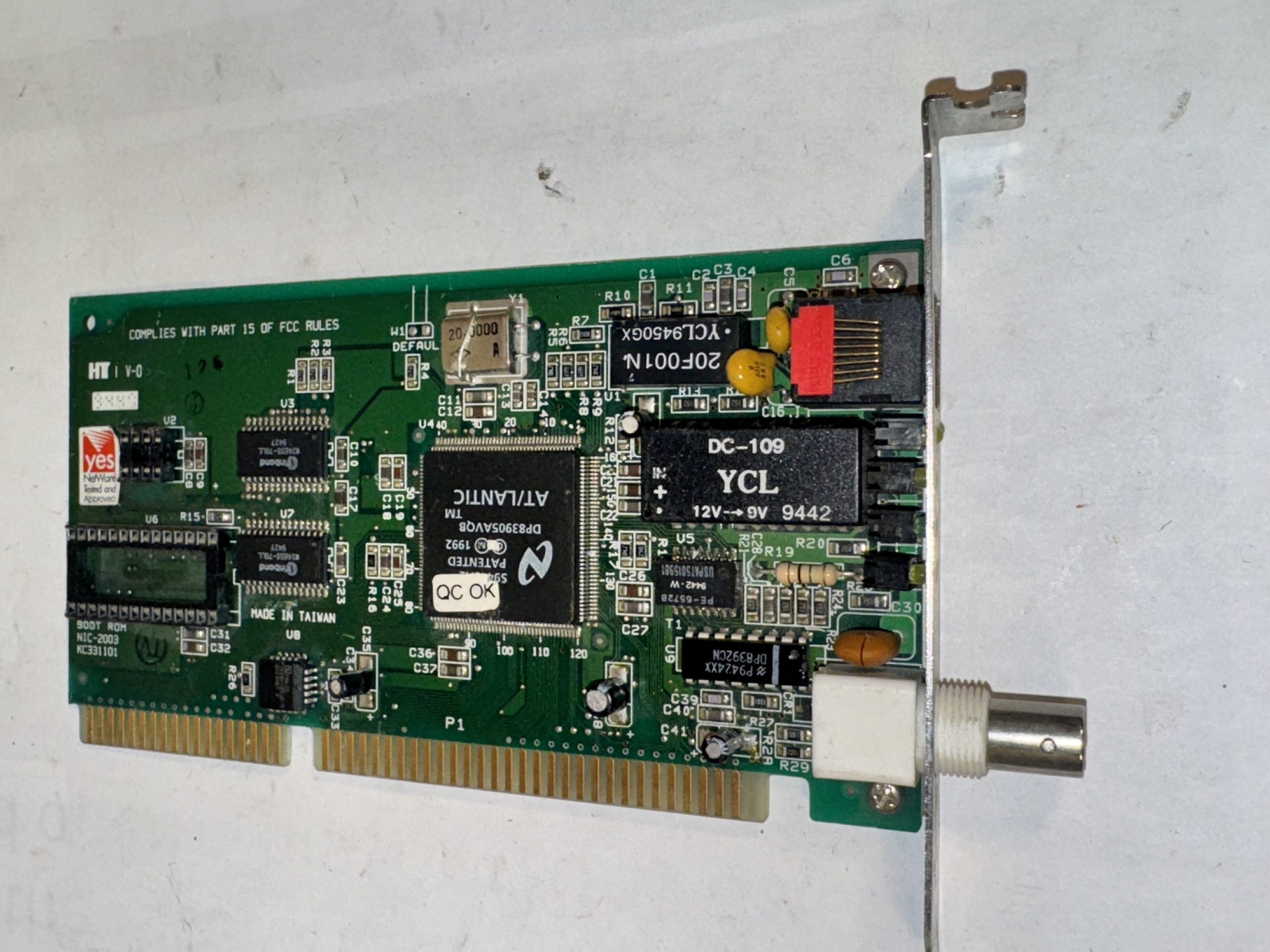 CARTE RÉSEAU ETHERNET YES NETWARE CFUS0509-C BNC RJ45 ISA 16-BIT VINTAGE PC RÉTRO