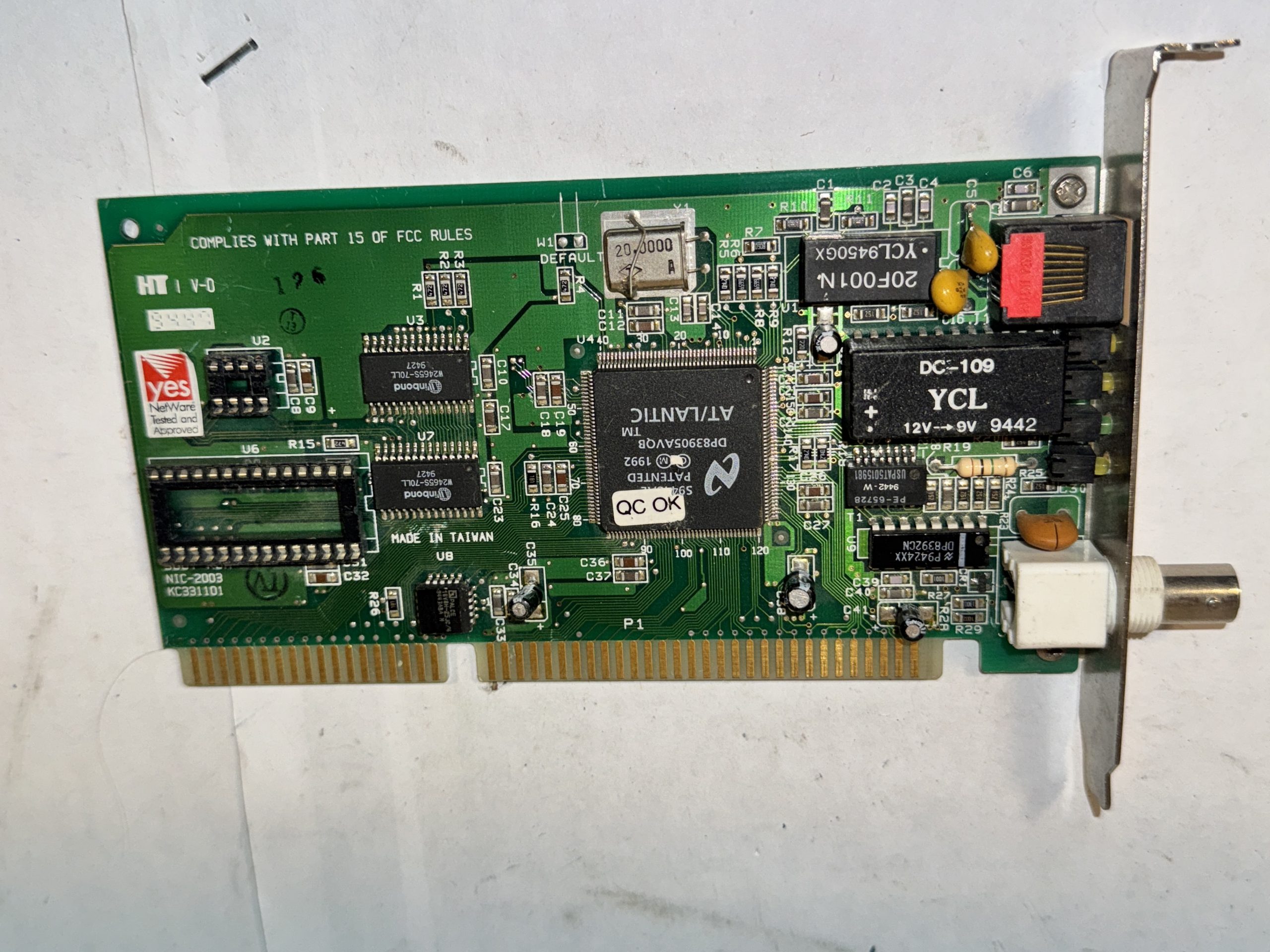 CARTE RÉSEAU ETHERNET YES NETWARE CFUS0509-C BNC RJ45 ISA 16-BIT VINTAGE PC RÉTRO